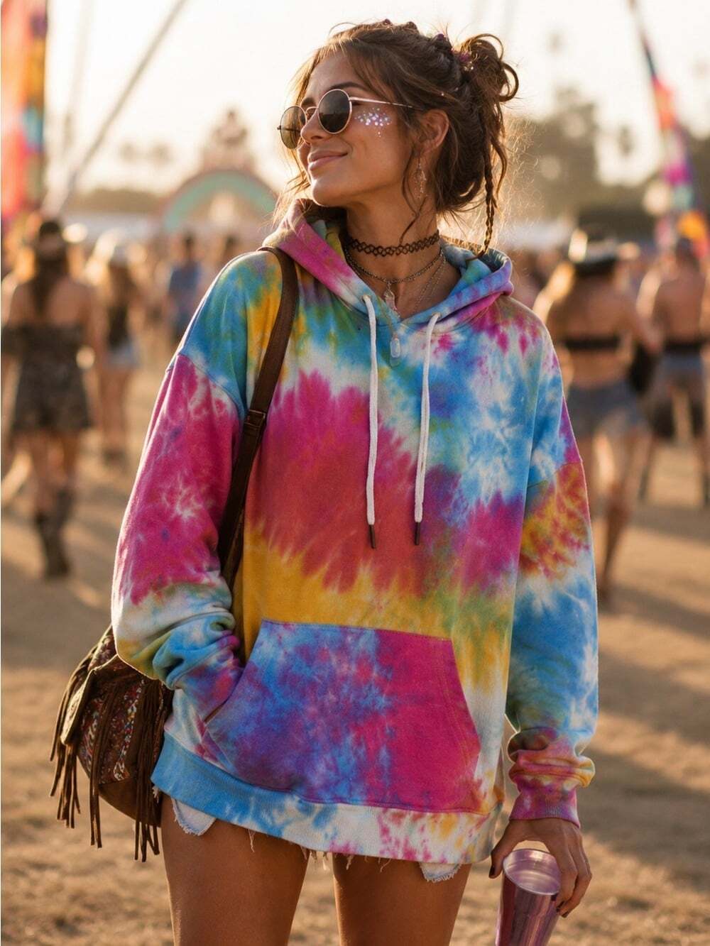 Tie Dye Boyfriend Fit Hooded Pullover Sweatshirt Vibrant Rainbow Small